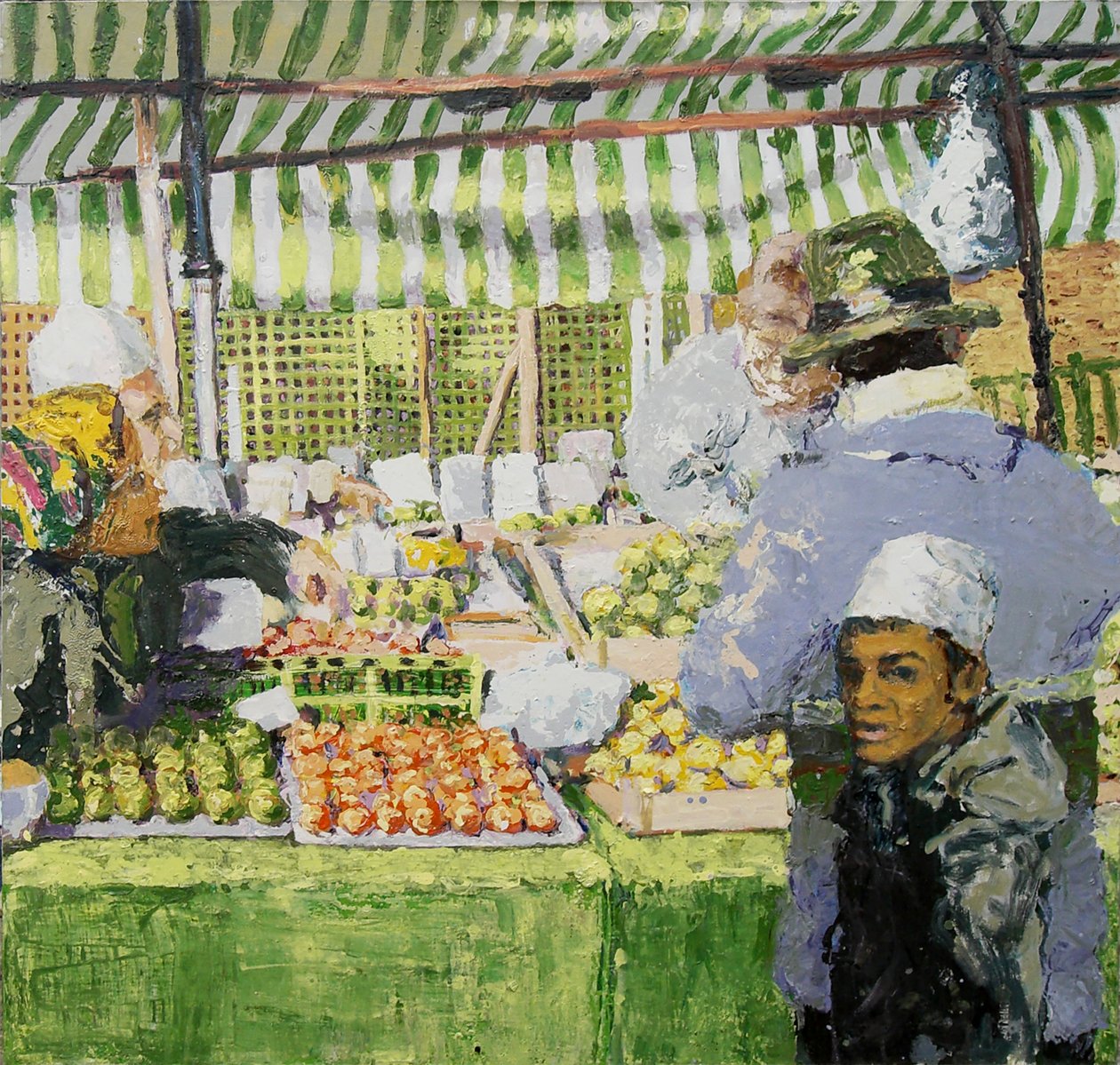 Marktkraam (Ridley Road, Londen), 2003 (olieverf op doek) door Trevor Burgess