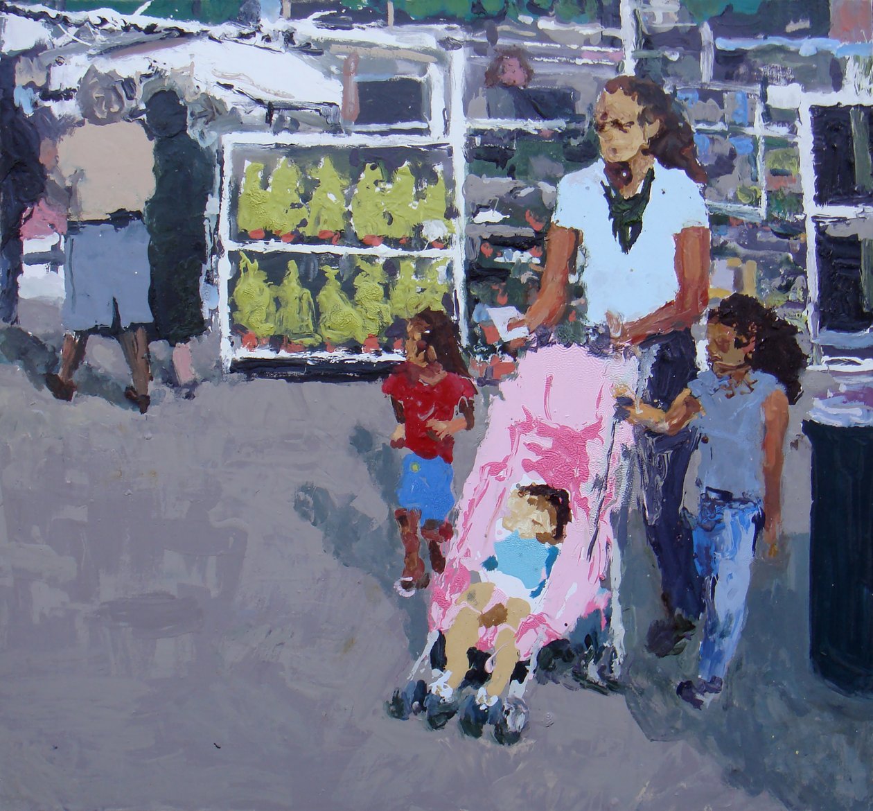 Moeder en kinderen winkelen (Lewisham markt, Londen), 2008 (olieverf op doek) door Trevor Burgess