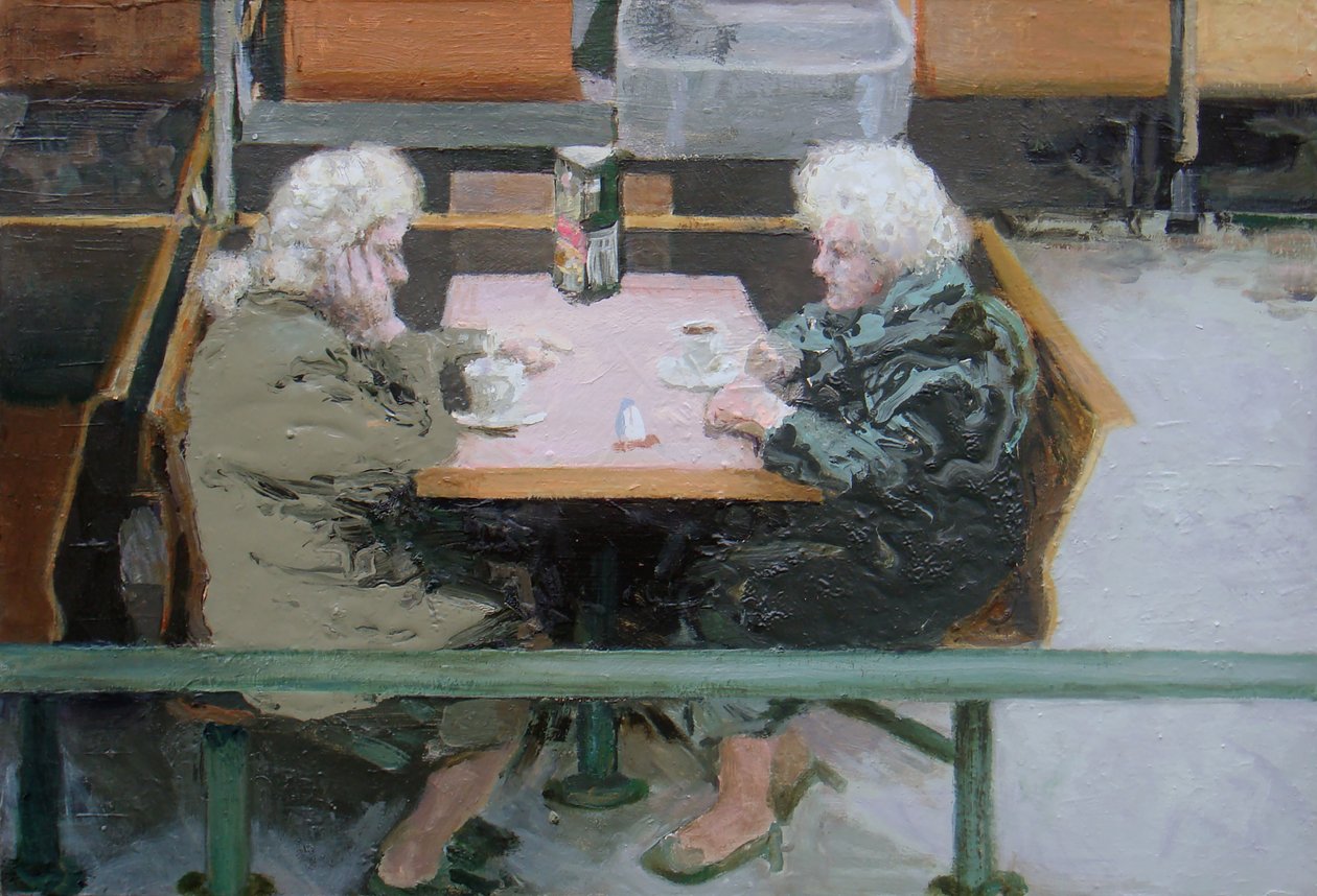 Over een kopje thee, 2010 (olieverf op board) door Trevor Burgess