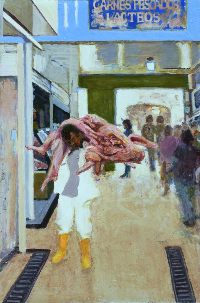 Varken naar spek (Bogotá, Colombia), 2015 (olieverf op board) door Trevor Burgess