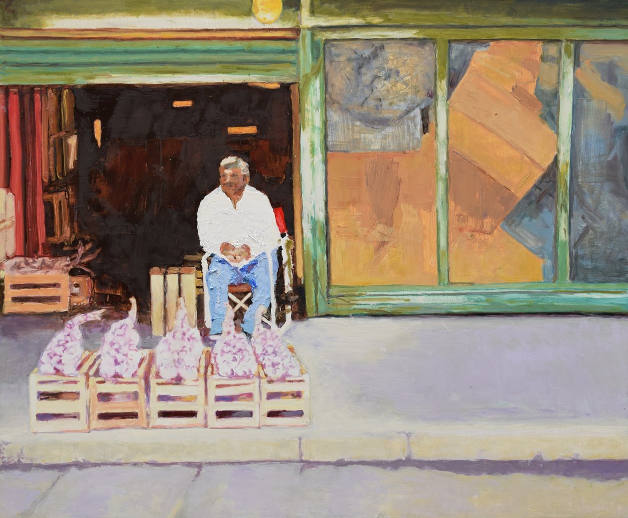 Knoflook verkopen (San Juan, Argentinië), 2016 (olieverf op board) door Trevor Burgess