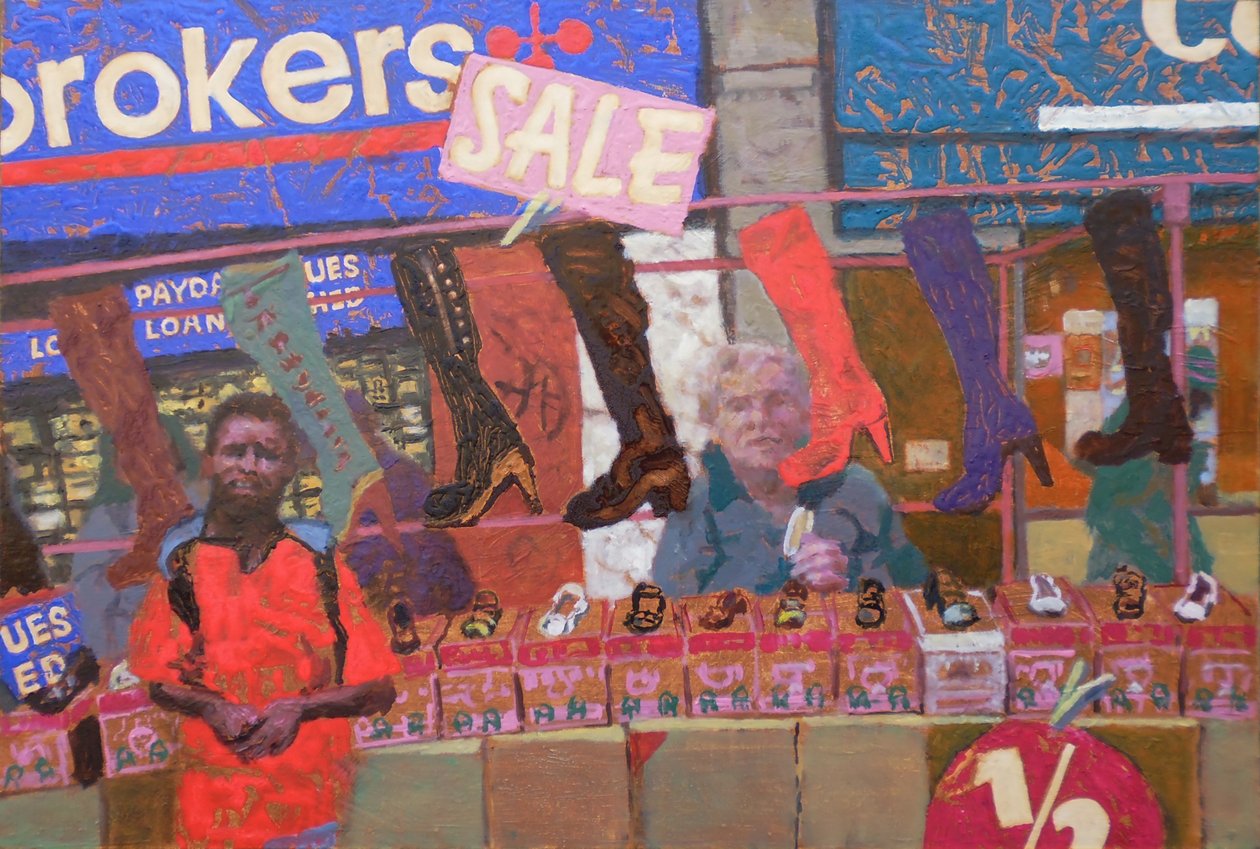 Schoenenkraam (Deptford, Londen), 2013 (olieverf op board) door Trevor Burgess