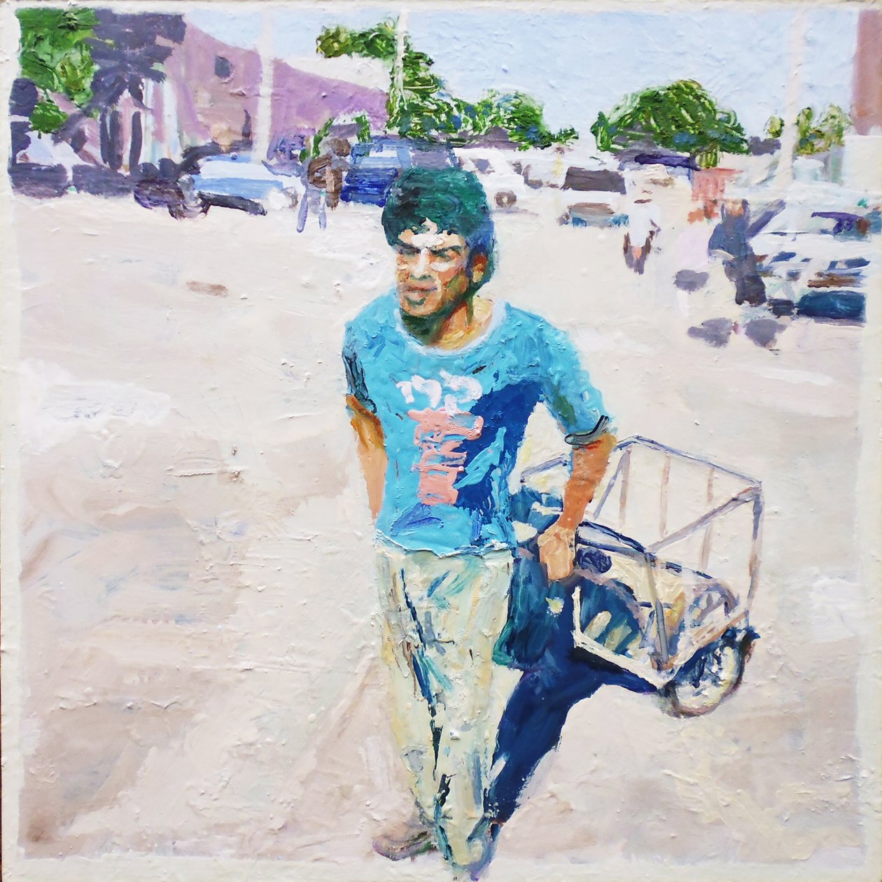 Trolley man (San Juan, Argentinië), 2014 (olieverf op board) door Trevor Burgess