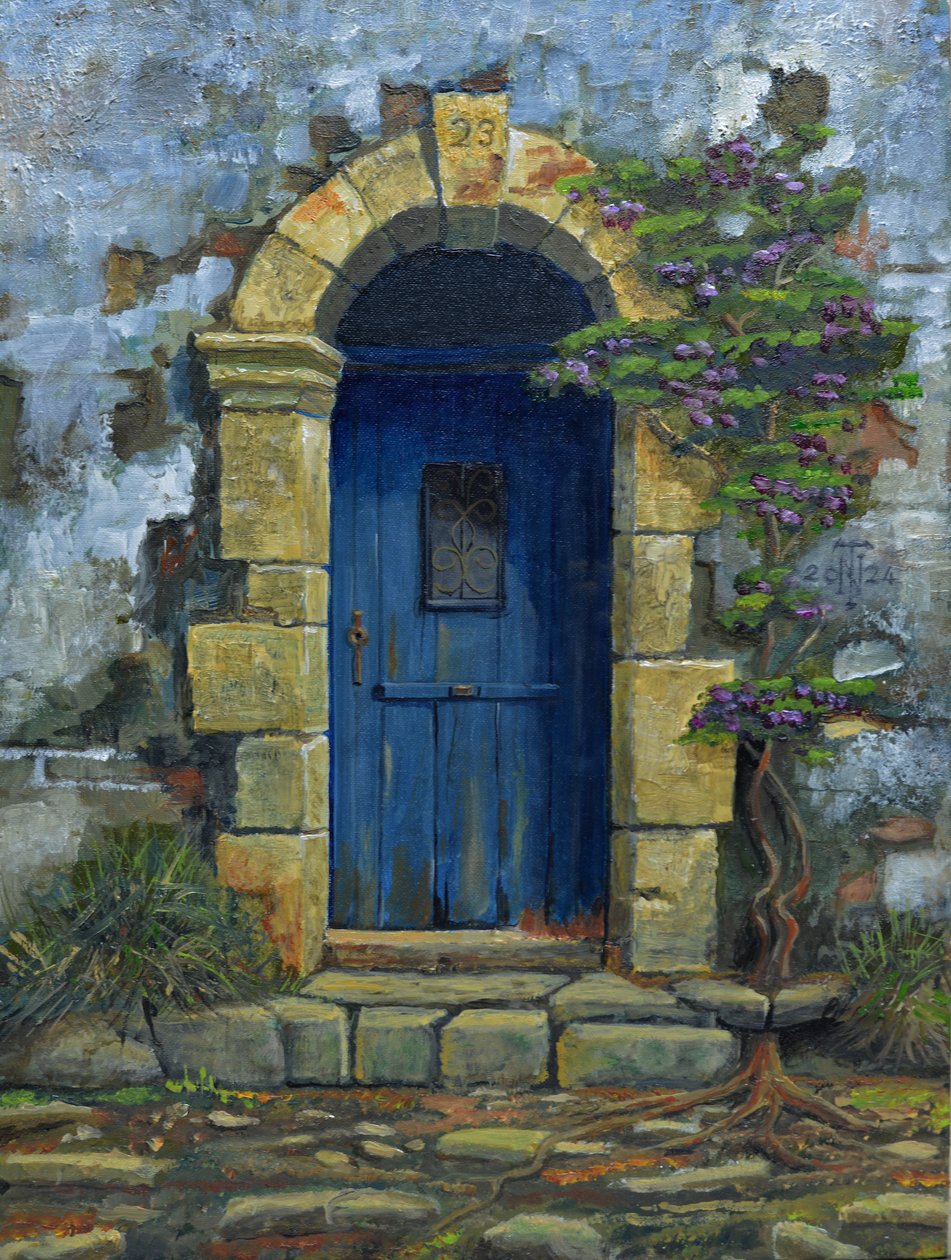 Blauwe deur, Paxos, Griekenland, 2024 (olieverf op board) door Trevor Neal