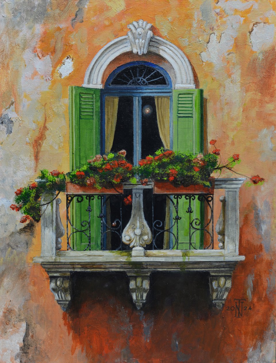 Frans balkon, Aix-en-Provence, Frankrijk, 2024 (olieverf op board) door Trevor Neal