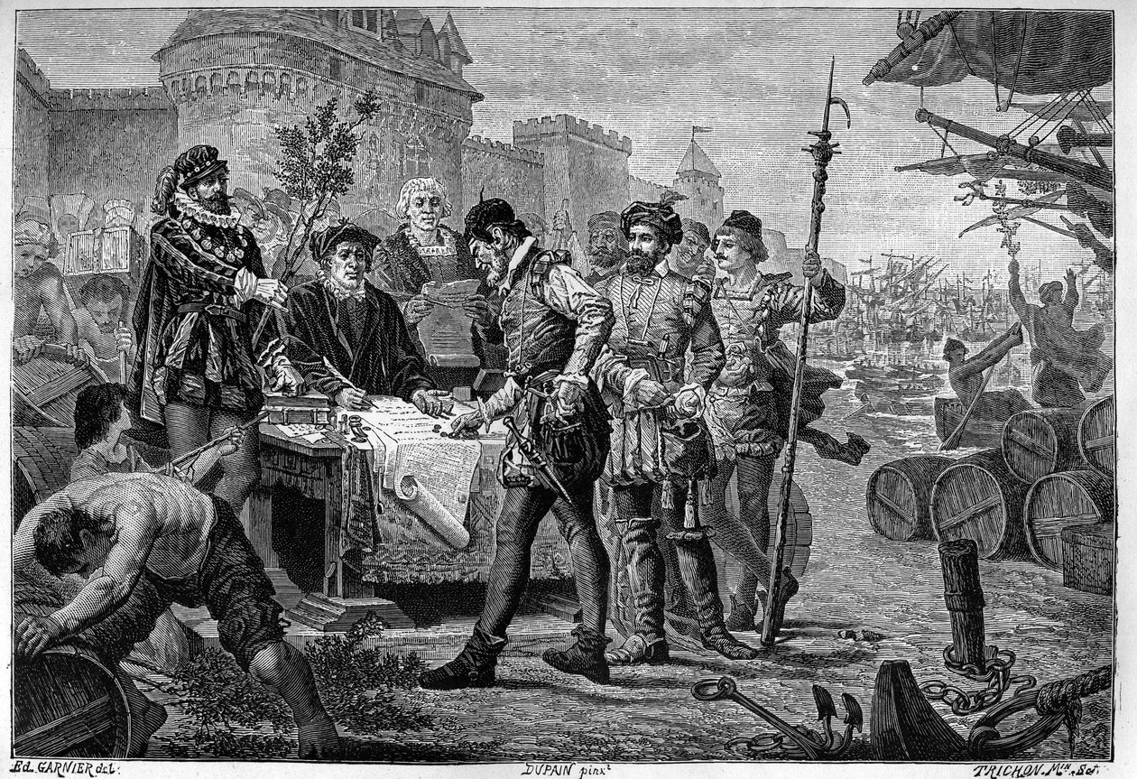 Vrijspraak van de voormalige wet van cypers in Bordeaux in 1453. Gravures 19e eeuw naar de tekening van Garnier Trichon. door Trichon (after)