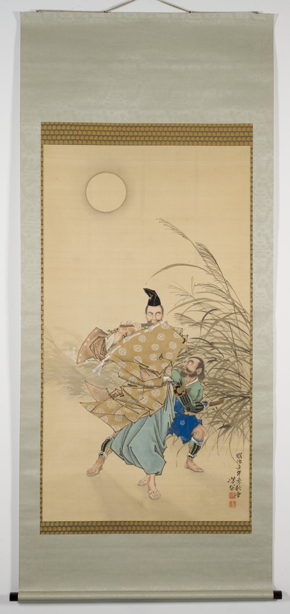 Fujiwara no Yasumasa speelt fluit bij maanlicht, late herfst door Tsukioka Yoshitoshi