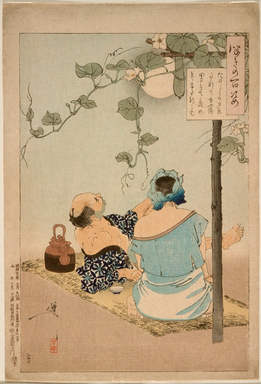 Een paar geniet van de bloeiende prieel van avondgezichten door Tsukioka Yoshitoshi