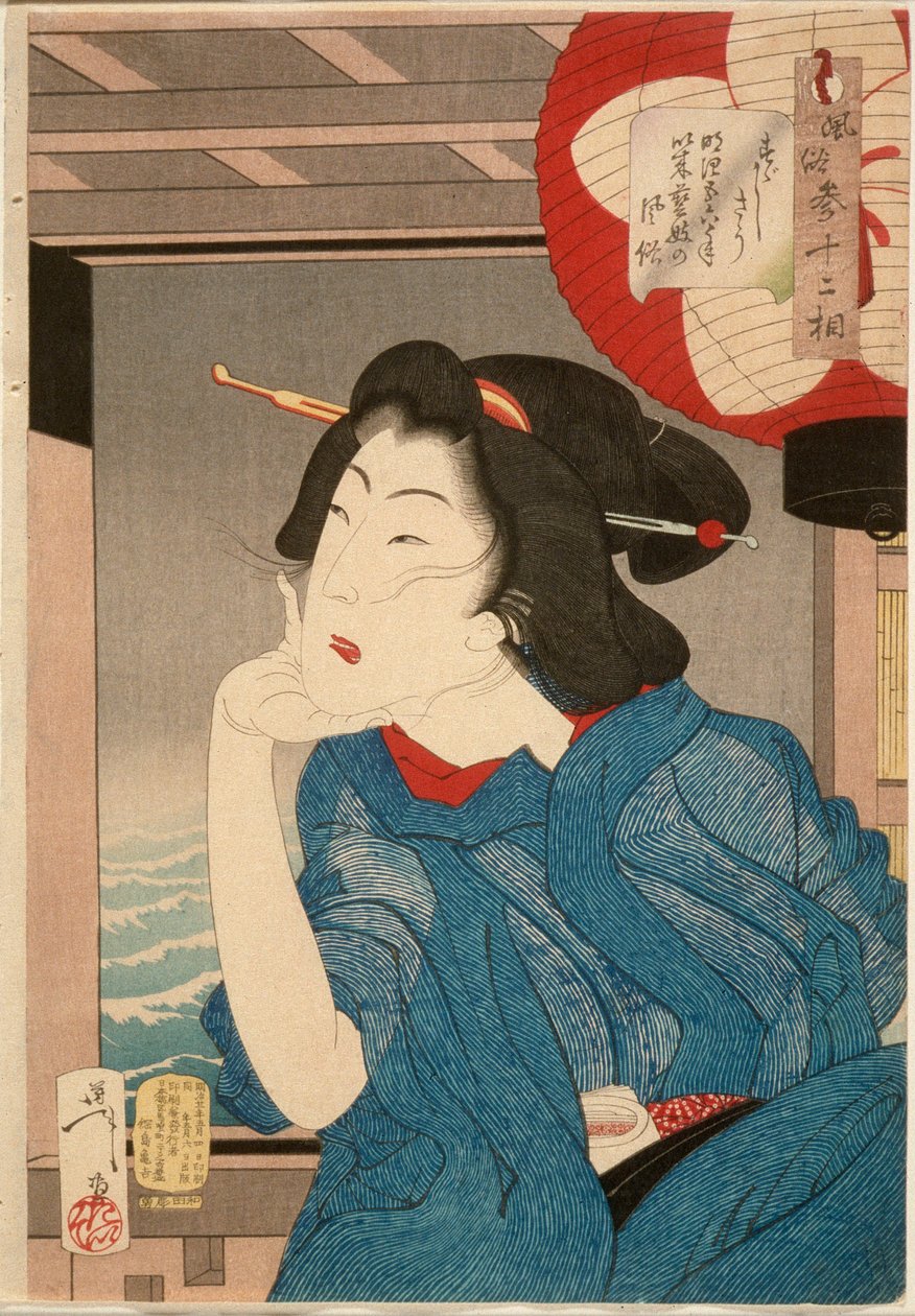 Koel: een geisha uit het midden van de jaren 1870 zittend in een boot door Tsukioka Yoshitoshi