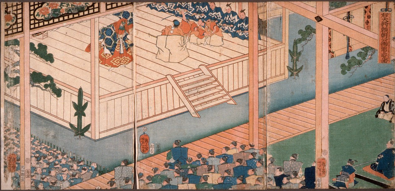 De generaal van rechts, Lord Yoritomo, inspecteert een bijzondere nō-voorstelling door Tsukioka Yoshitoshi