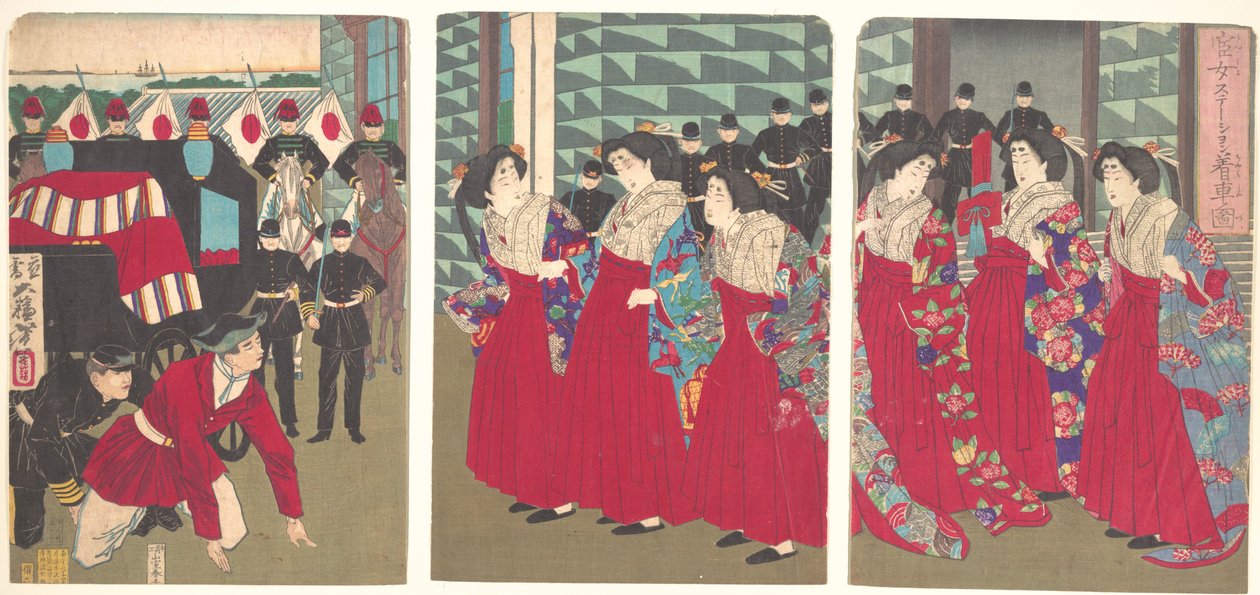 Illustratie van hofdames die op een station instappen (Kanjo sutēshon chakusha zu) door Tsukioka Yoshitoshi
