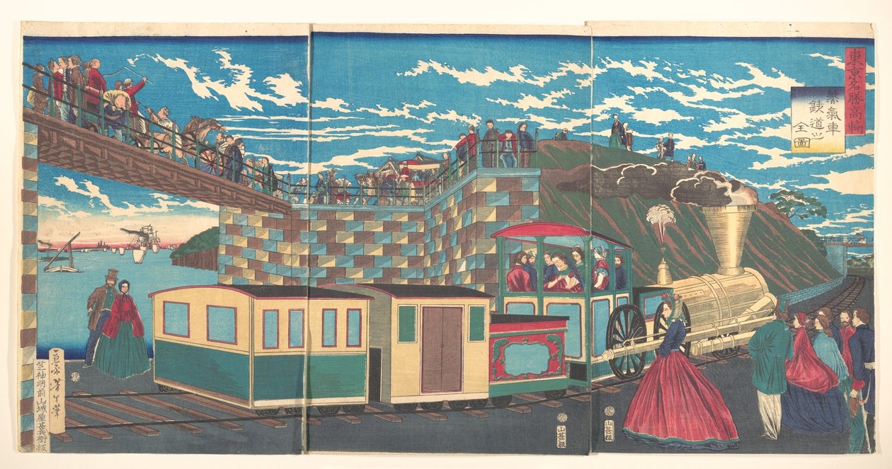 Illustratie van stoomlocomotiefsporen bij Takanawa, uit de serie Beroemde plaatsen in Tokio (Tōkyō meishō Takanawa-jōki kikansha no zen zu) door Tsukioka Yoshitoshi