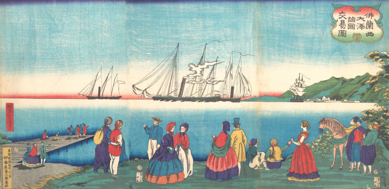 Illustratie van een grote Franse haven die handel drijft met vele naties Furansukoku oomi, 4e maand, 1866 door Tsukioka Yoshitoshi
