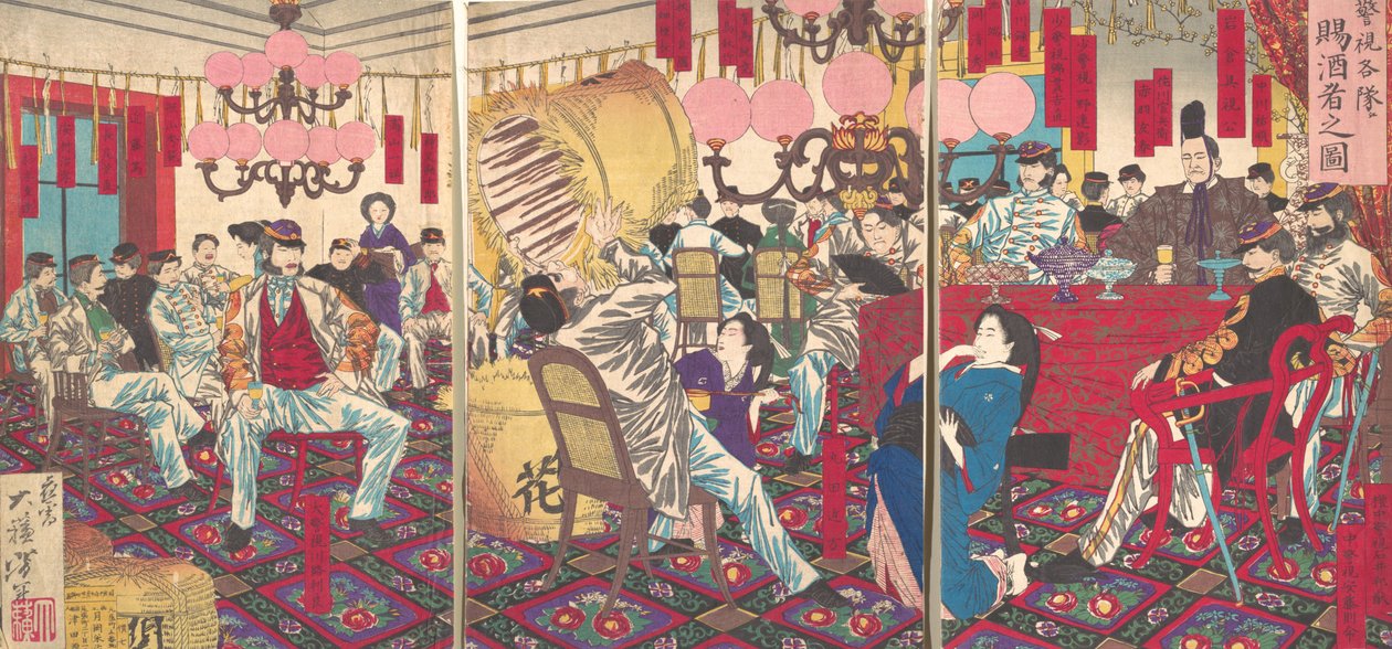 Feest van de politie-inspecteur: Een geschenk van eten en drinken door Tsukioka Yoshitoshi