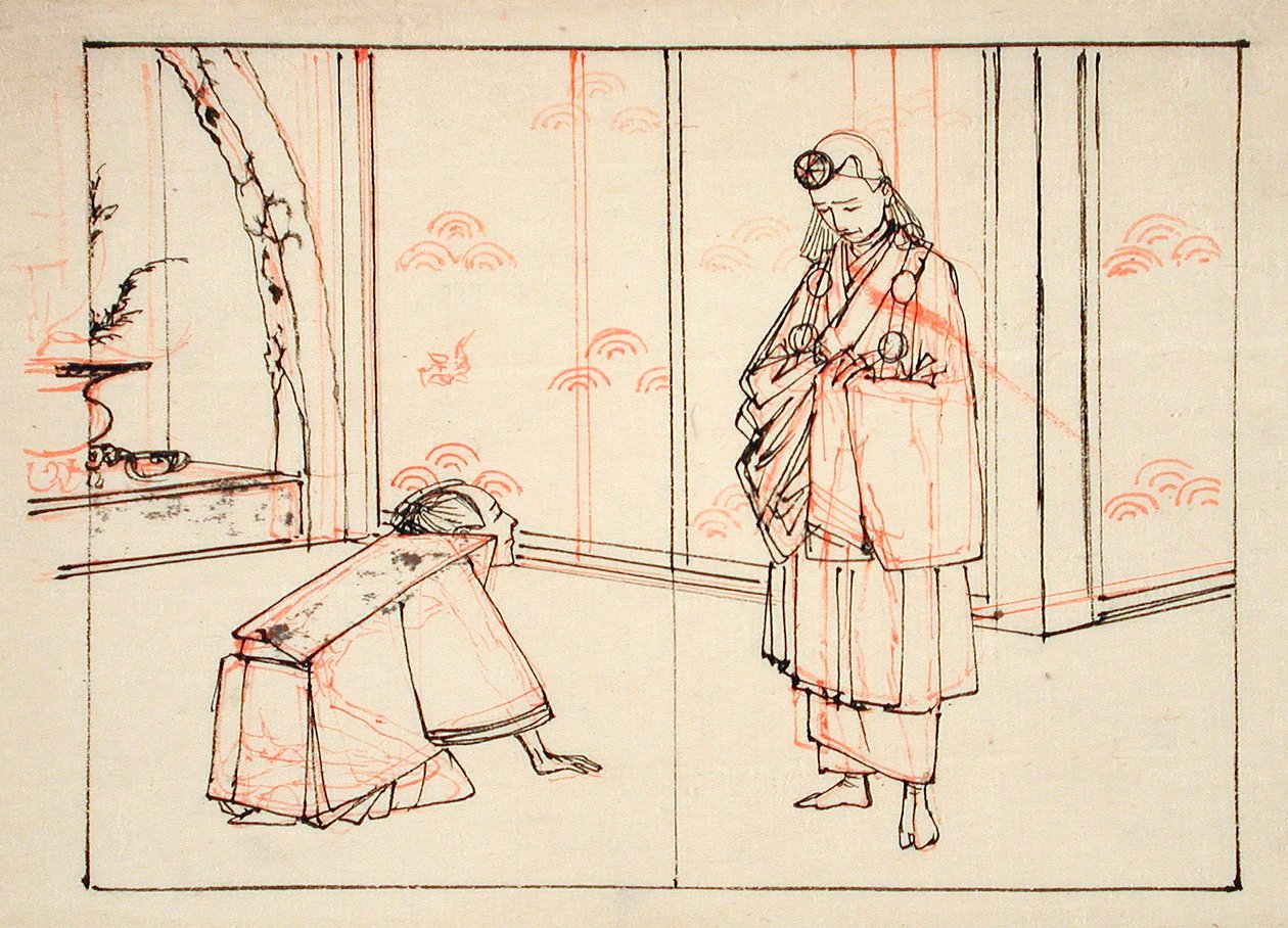 Voorbereidende tekening voor een illustratie bij het boek: Spiegel van beroemde Japanse generaals door Tsukioka Yoshitoshi