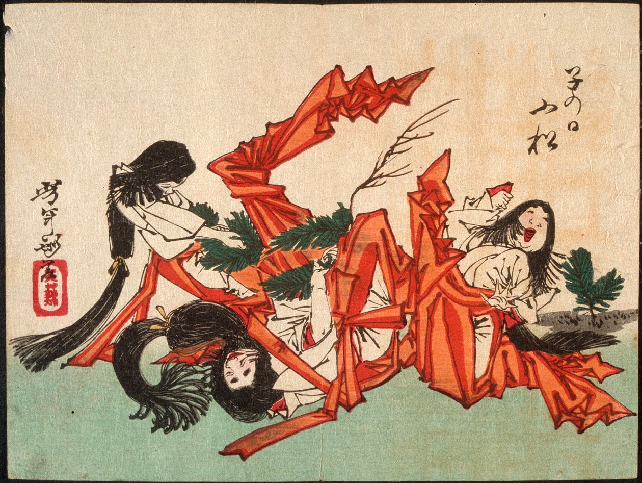 Ziehen von Kieferntrieben am Tag der Ratte door Tsukioka Yoshitoshi