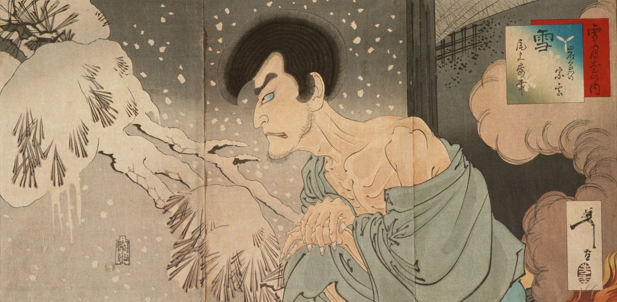 Sneeuw: de acteur Onoe Baikō V als Iwakura no Sōgen door Tsukioka Yoshitoshi