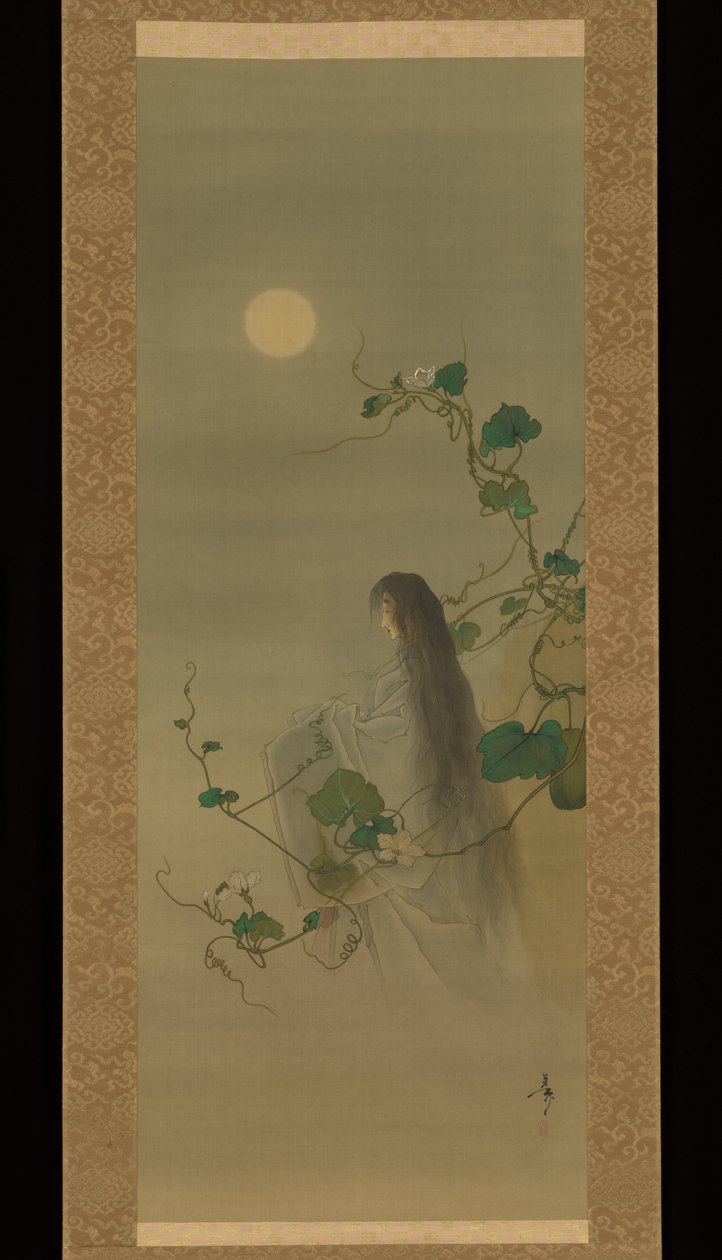 De geest van de overleden Yūgao, verstrengeld in maanbloemranken, naar de prent „De dame van de avondgezichten”, uit de serie Honderd aspecten van de maan (Tsuki hyakushi: Genji Yūgao no maki) door Tsukioka Yoshitoshi