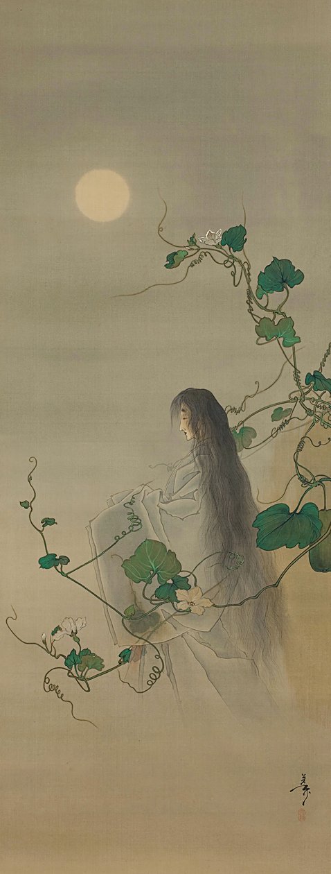 De geest van de overleden Yugao verstrengeld in maanbloemranken door Tsukioka Yoshitoshi