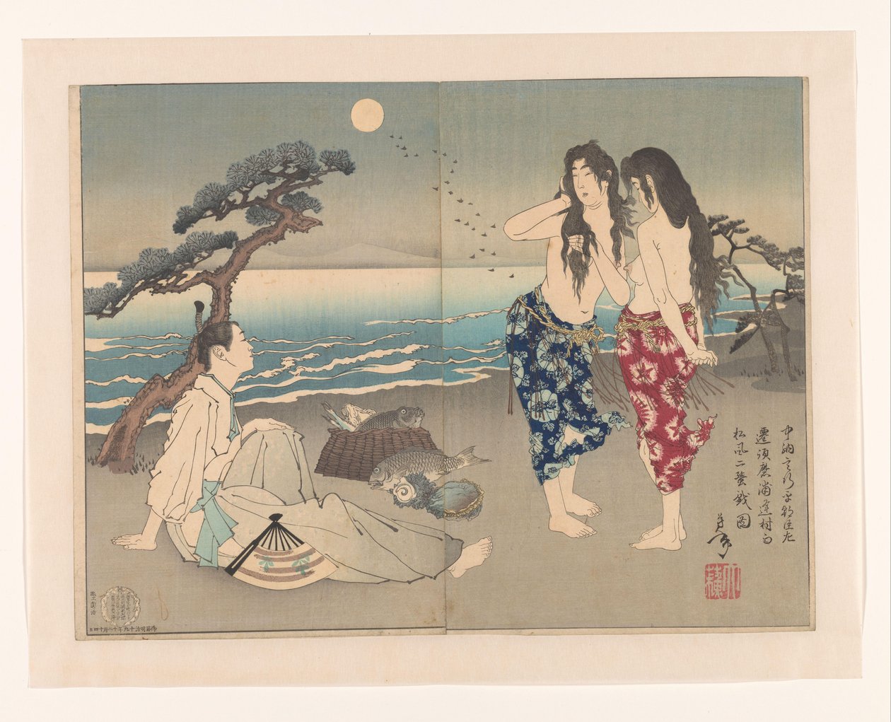 Yukihira Ason op het strand met de duiksters Murasame en Matsukaze door Tsukioka Yoshitoshi