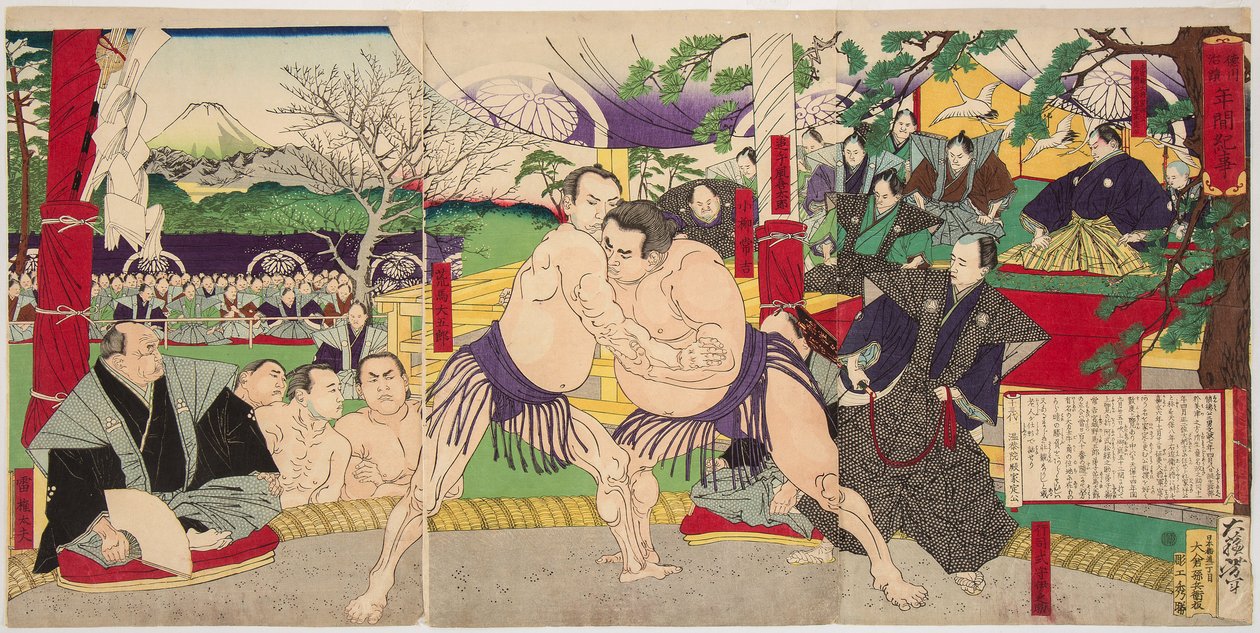 Gevecht van de sumoworstelaars Koyonagi Tsunekichi en Arauma Daigoro door Tsukioka Yoshitoshi