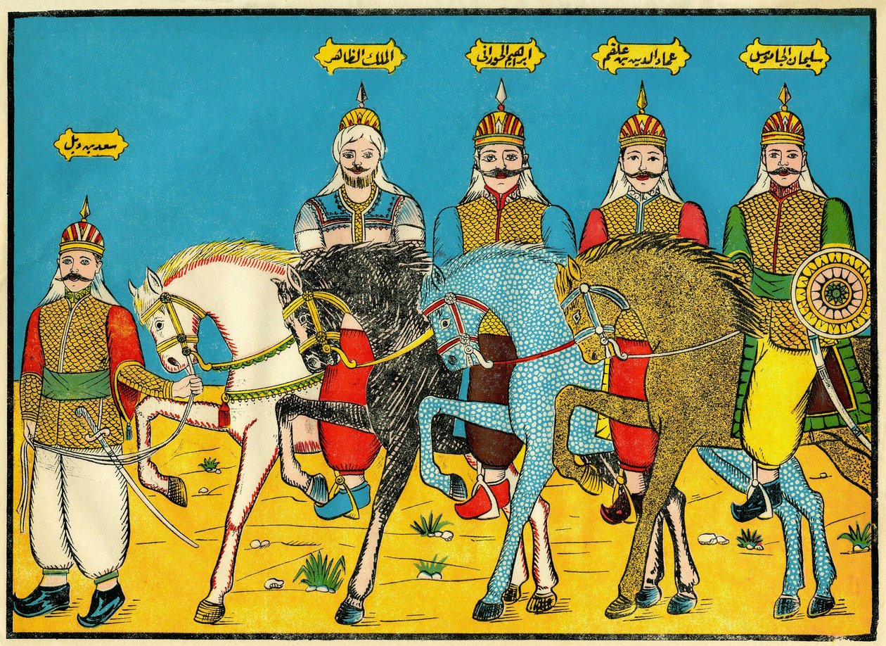 De Mamelukken, legendarische helden in de geschiedenis van Dhaher Bibars, in de 13e eeuw. Populaire afbeeldingen, Tunesië door Tunisian School