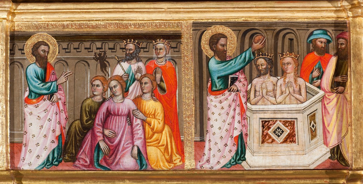 Predella met het leven van St. Bartholomeus, exorcismen en dopen, detail uit Maagd en kind omringd door engelen en heiligen door Turino Vanni