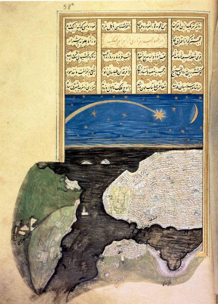 De Grote Komeet boven de Gouden Hoorn in Constantinopel, uit de Sehinsahname van Murad III, ca. 1581 door Turkish School
