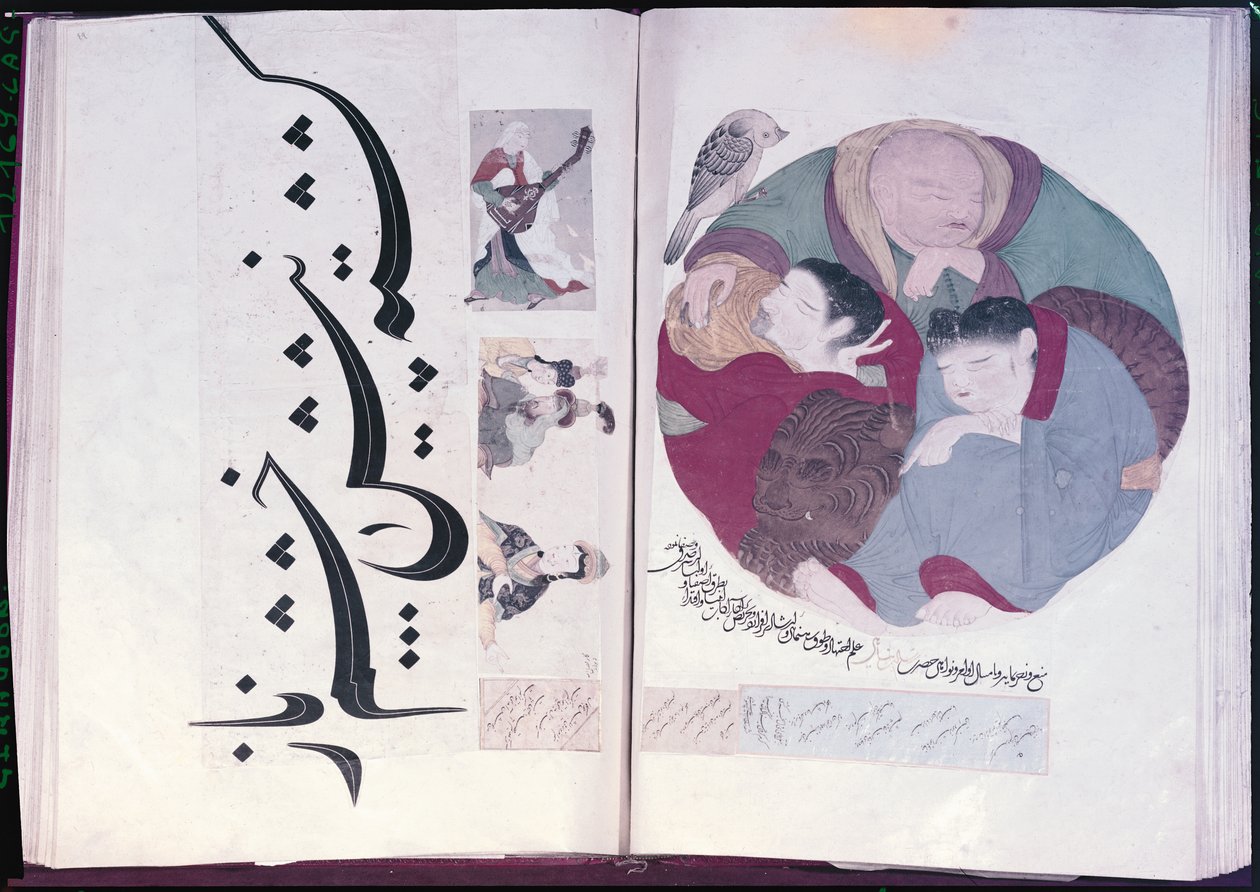 Mensen die slapen en kalligrafie, uit een album met miniaturen, 13e-15e eeuw door Turkish School