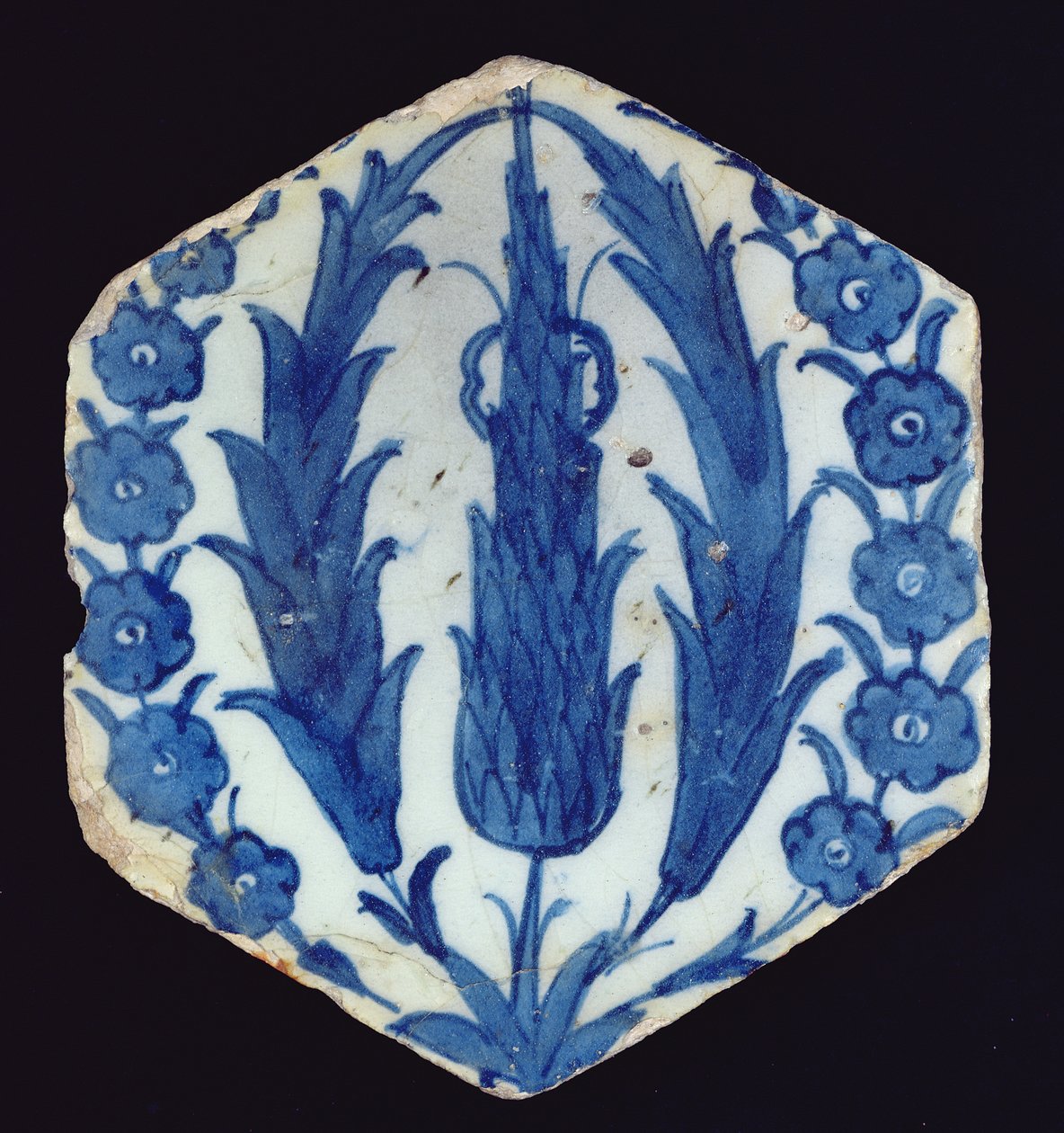 Hexagonale Isnik-tegel met cipressen en een prunus, 1560-70 door Turkish School