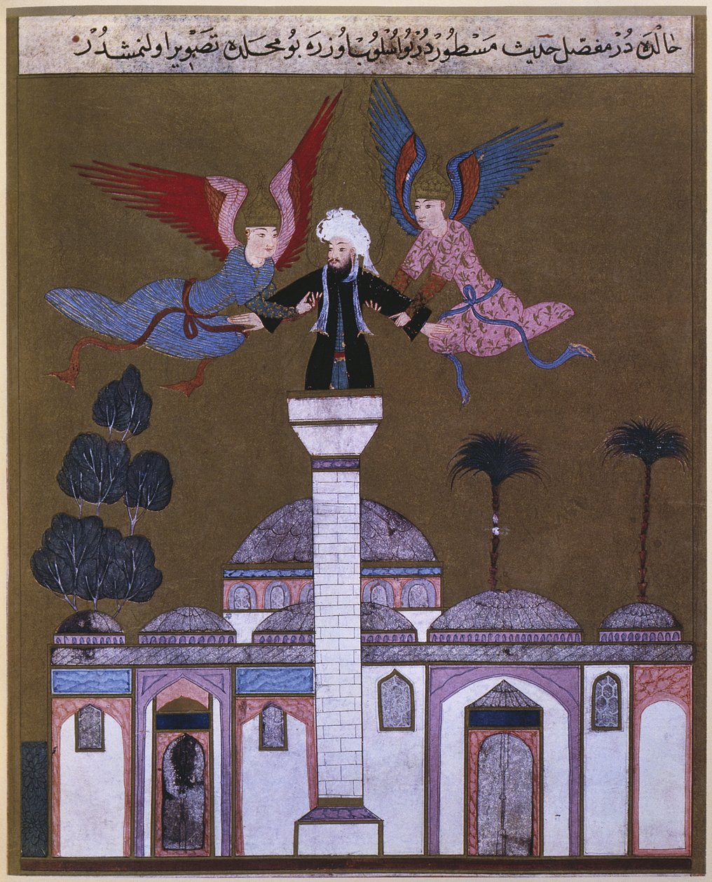 Jezus Christus gedragen door twee engelen vanaf de minaret van de moskee in Damascus, uit Zubdet ut Tevarih door Lokman, 1583 door Turkish School