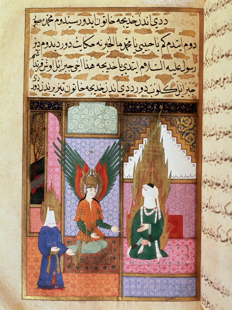 De Engel des Doods vraagt de Profeet Mohammed (Mohammed of Mohammed) (570-632) (bedekt gezicht) om toestemming om zijn vrouw Khadija te nemen Miniatuur uit een 18e-eeuws manuscript. Istanboel Topkapi Museum door Turkish School