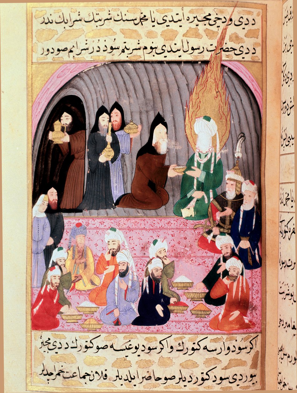 De Profeet Mohammed (Mohammed of Mohammed) (570-632) (bedekt gezicht) op een reis naar Syrië wordt verwelkomd door christelijke monniken die hem een Turkse Miniatuur maaltijd serveren uit de 18e eeuw. Topkapi Museum, Istanboel Turkije door Turkish School