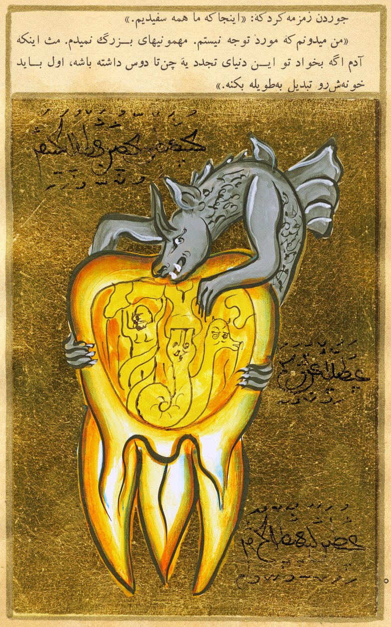 Anatomisch zicht op een tand, de bron van kiespijn wordt getoond als een demon uit de hel door Turkish School