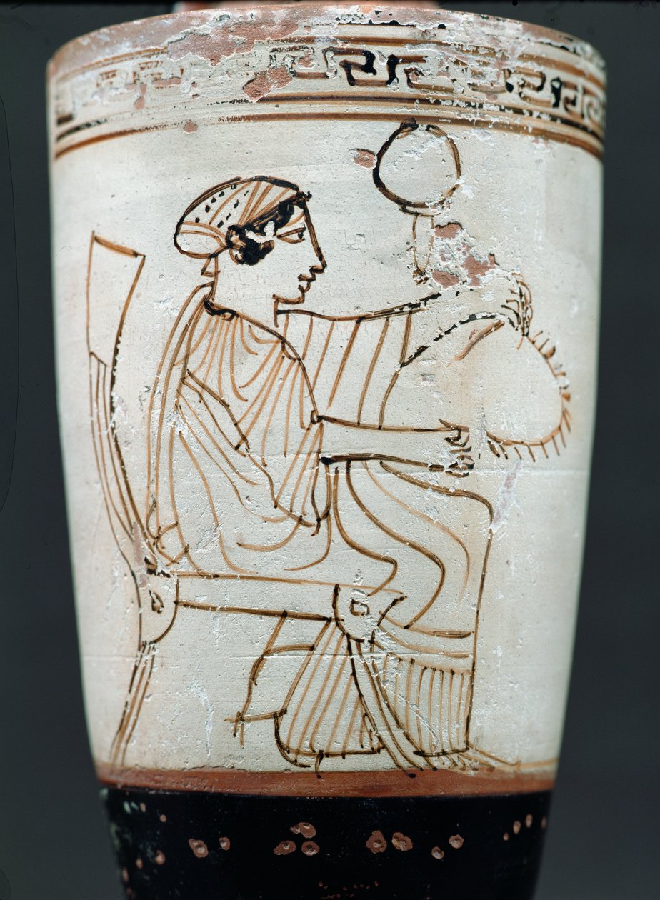 Attische witte grond lekythos met een vrouw die een krans vlecht, ca. 475-420 v.Chr. (aardewerk) door Tymbos Painter