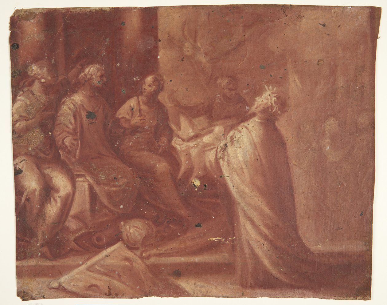 Jezus overhandigt een mijter aan een vrouw op een troon omringd door twee vrouwen (allegorie) door Ubekendt