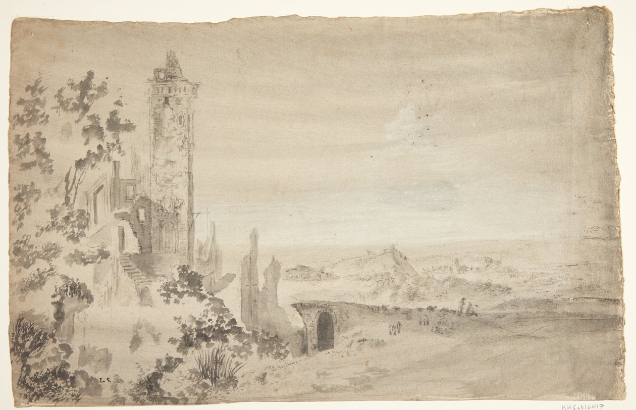 Landschap met ruïnes door Ubekendt