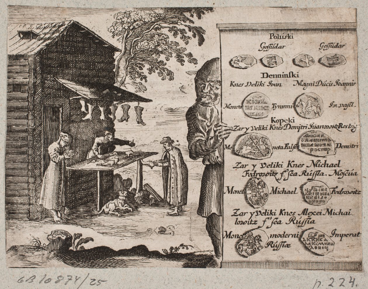 Overzicht van Russische munten. Op de achtergrond een Russische schoenmaker door Ubekendt