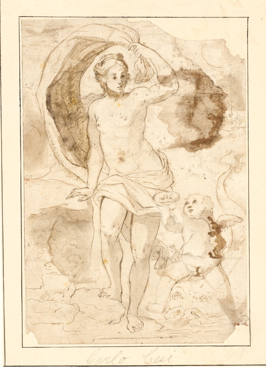 Venus aangeboden parels in een schelp door Cupido rijdend op een dolfijn door Ubekendt
