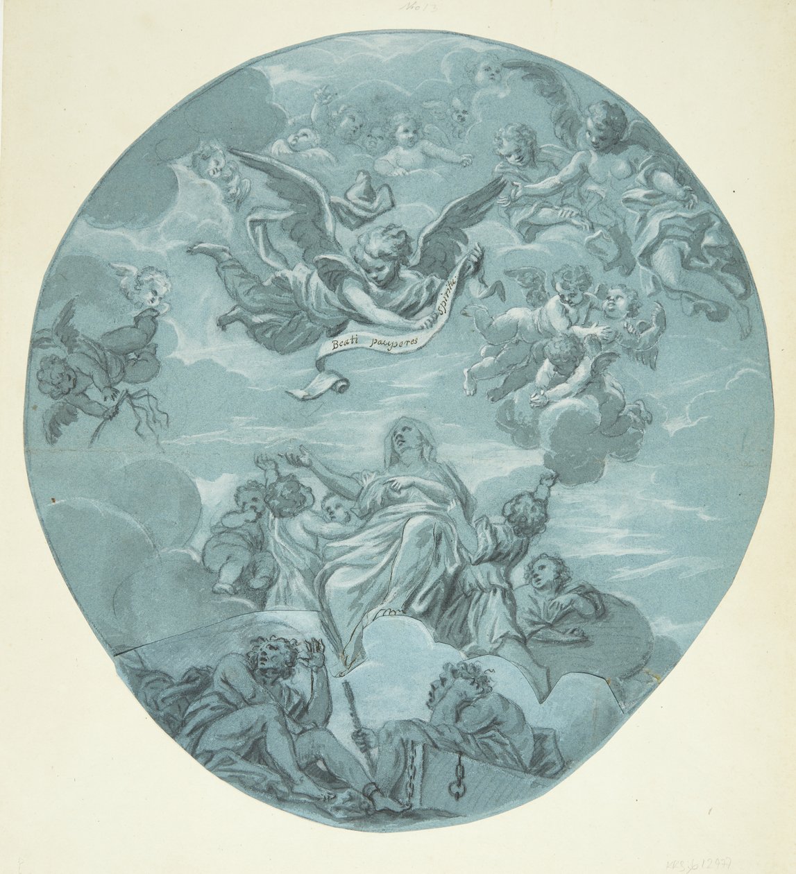 Een Vrouwelijke Heilige op Wolken, omringd door Putti, boven haar Engelenkinderen en een Engel die een Schriftband Houdt met de Inscriptie: Beati pauperes spiritu door Ubekendt Ubekendt
