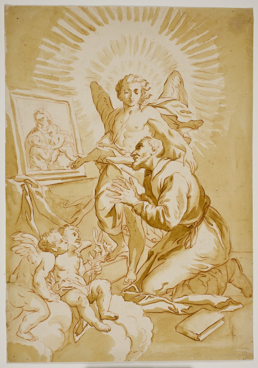 Sint-Philippus Neri aanbidt een schilderij van de Madonna getoond door een engel door Ubekendt Ubekendt
