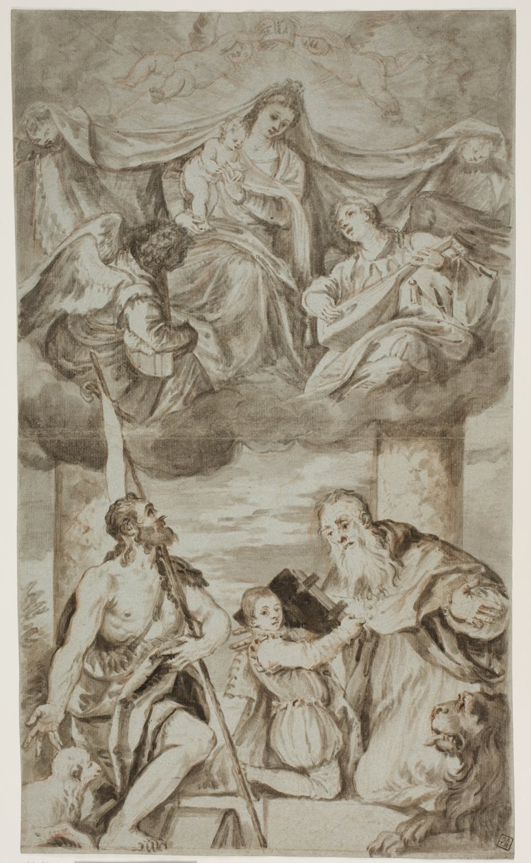De Maagd en het Kind tussen engelen in de wolken met de heiligen Johannes de Doper en Hiëronymus, naar het schilderij van Paolo Veronese voorheen in S. Francesco della Vigna, Venetië door Ubekendt Ubekendt