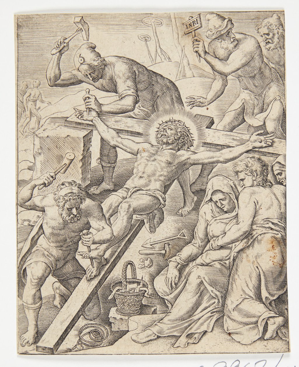 Christus aan het kruis genageld door Ubekendt efter Dirck Volckertsz. Coornhert efter Maarten van Heemskerck