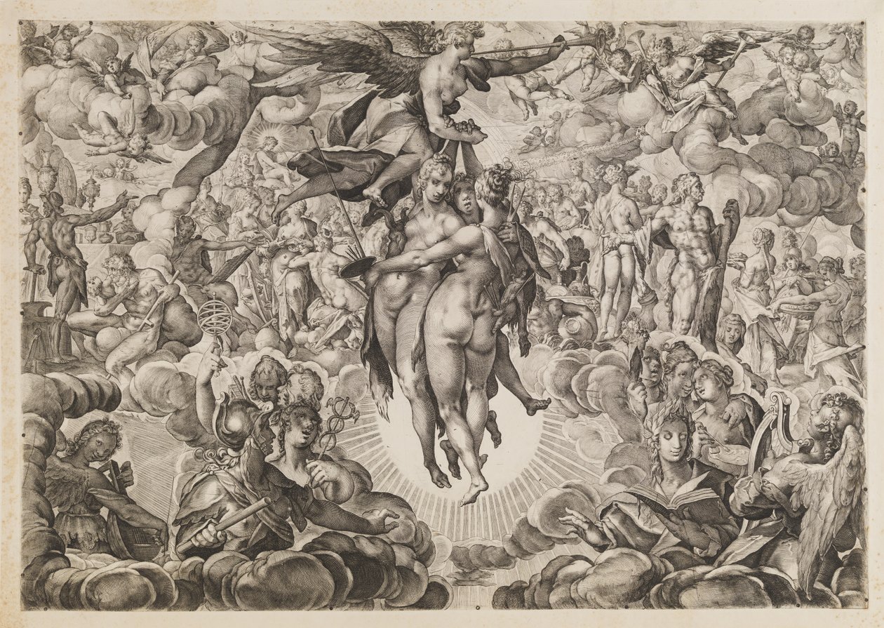 Schilderkunst, Beeldhouwkunst en Architectuur, Verbannen door de Turken, Teruggetrokken naar Olympus door Ubekendt efter Jan Muller; H. Goltzius; Ae. Sadeler og Lucas Kilian efter Bartholomeus Spranger