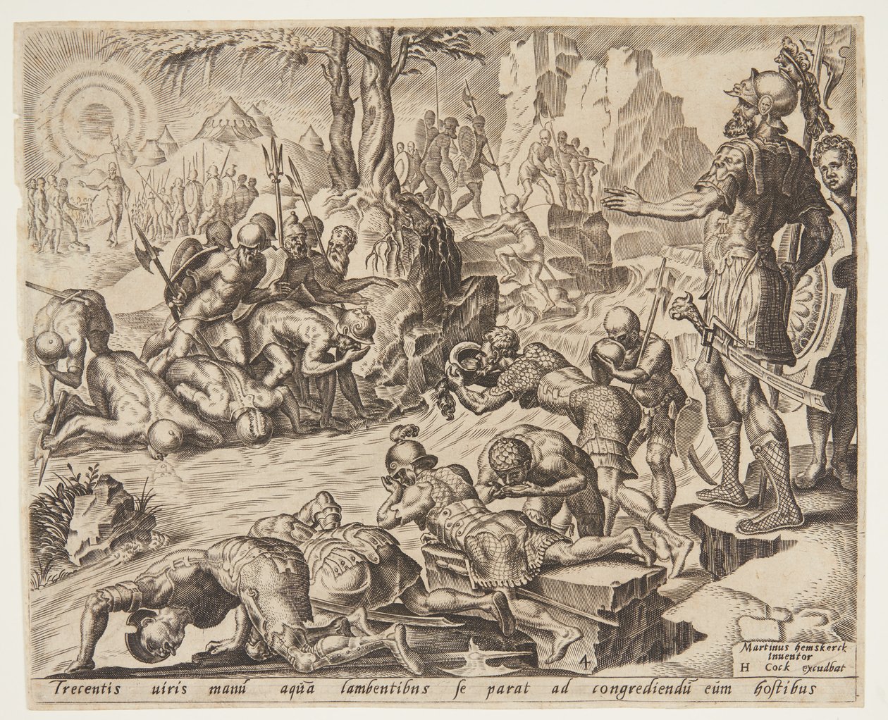 Gideon kijkt hoe de soldaten drinken door Ubekendt efter Maarten van Heemskerck