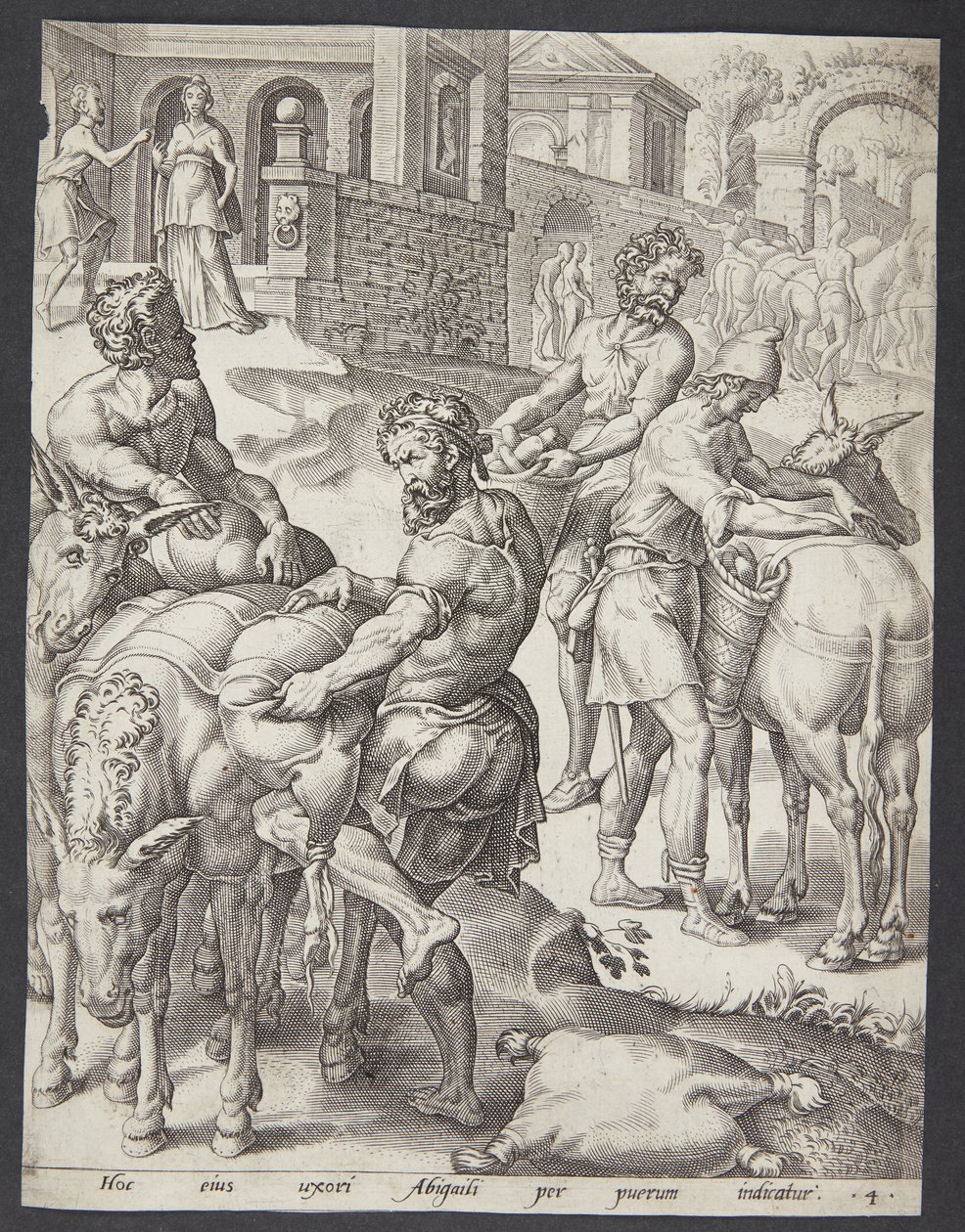 De dienaren van Abigail laden de ezels met voedsel voor David door Ubekendt efter Maarten van Heemskerck