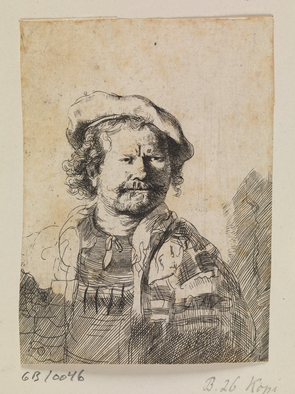 Rembrandt in een platte pet en geborduurde jurk door Ubekendt efter Rembrandt