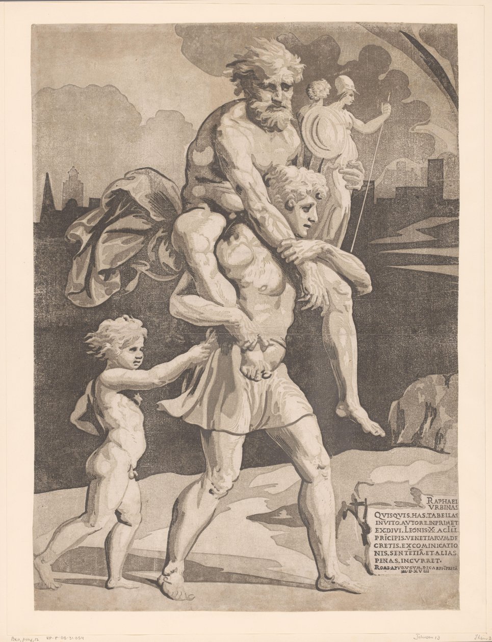 Aeneas vlucht met zijn familie uit Troje door Ugo da Carpi