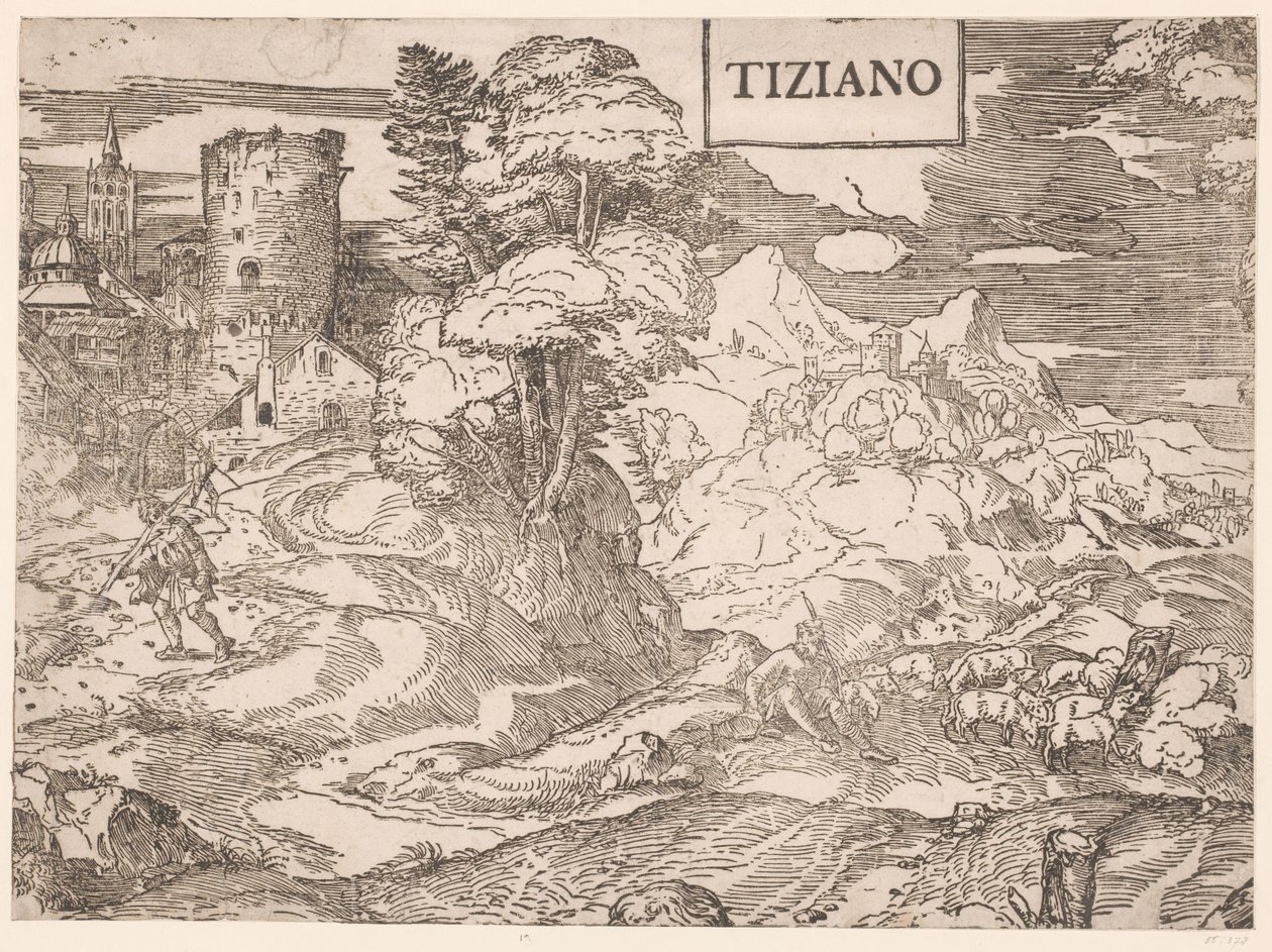 Landschap met een herder door Ugo da Carpi