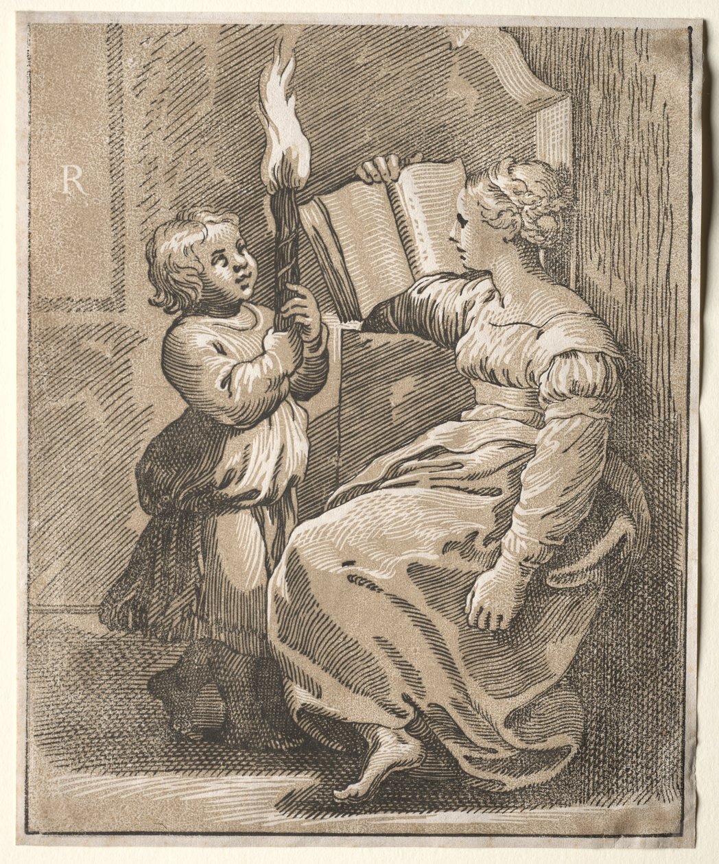 Sibyl Leest met een Kind dat een Fakkel Vasthoudt door Ugo da Carpi